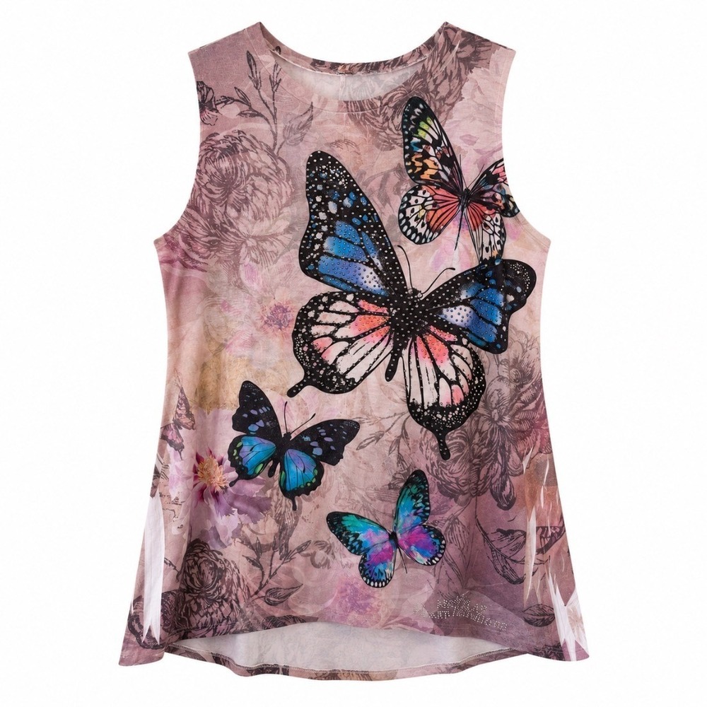 Womens Butterfly Print Rhinestone Tank Top Blouse Sleeveless Floral XL